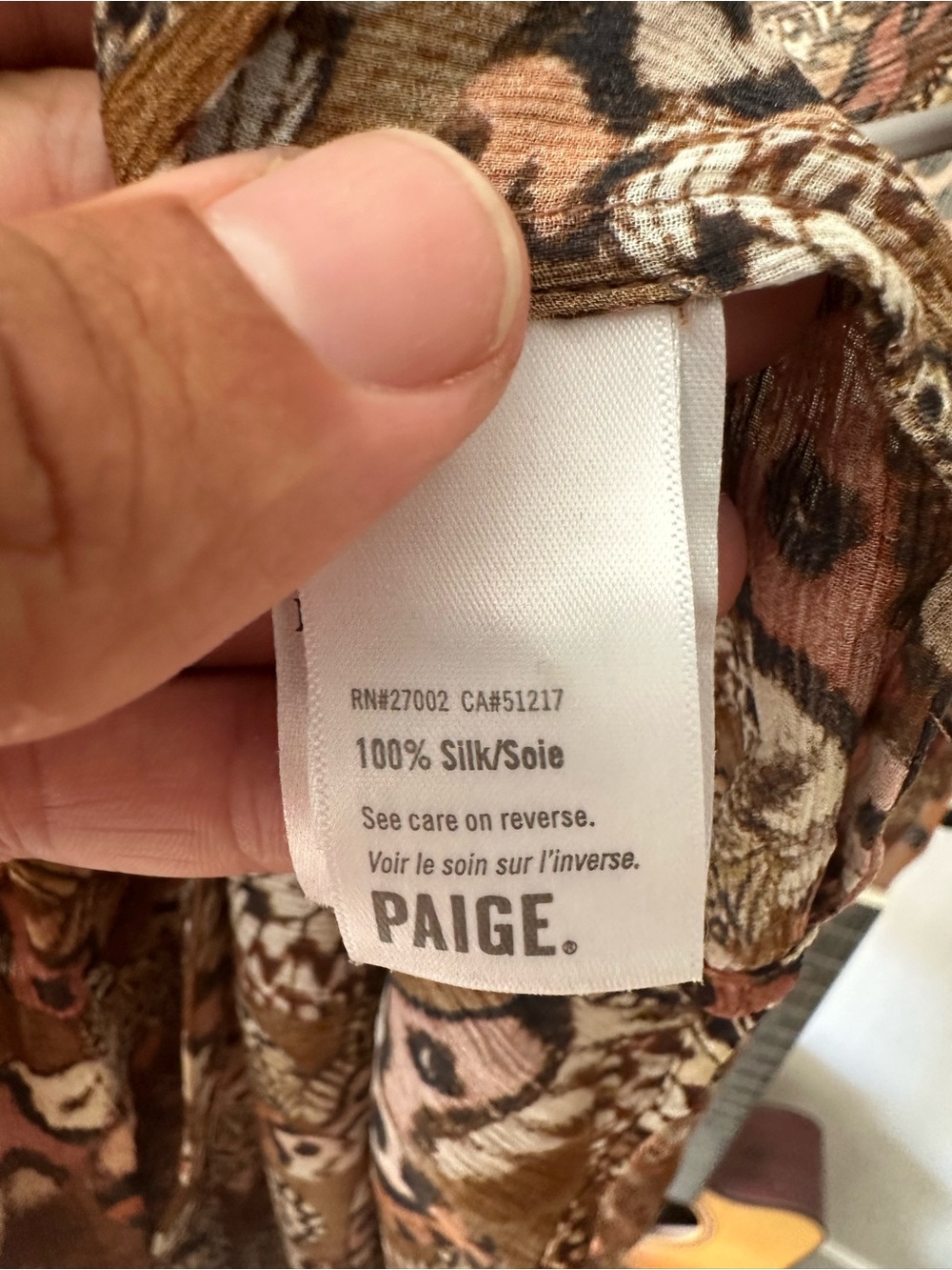 PAIGE 100% Silk Brown & Rust Floral Tie-Neck Blouse - Picture 5 of 5